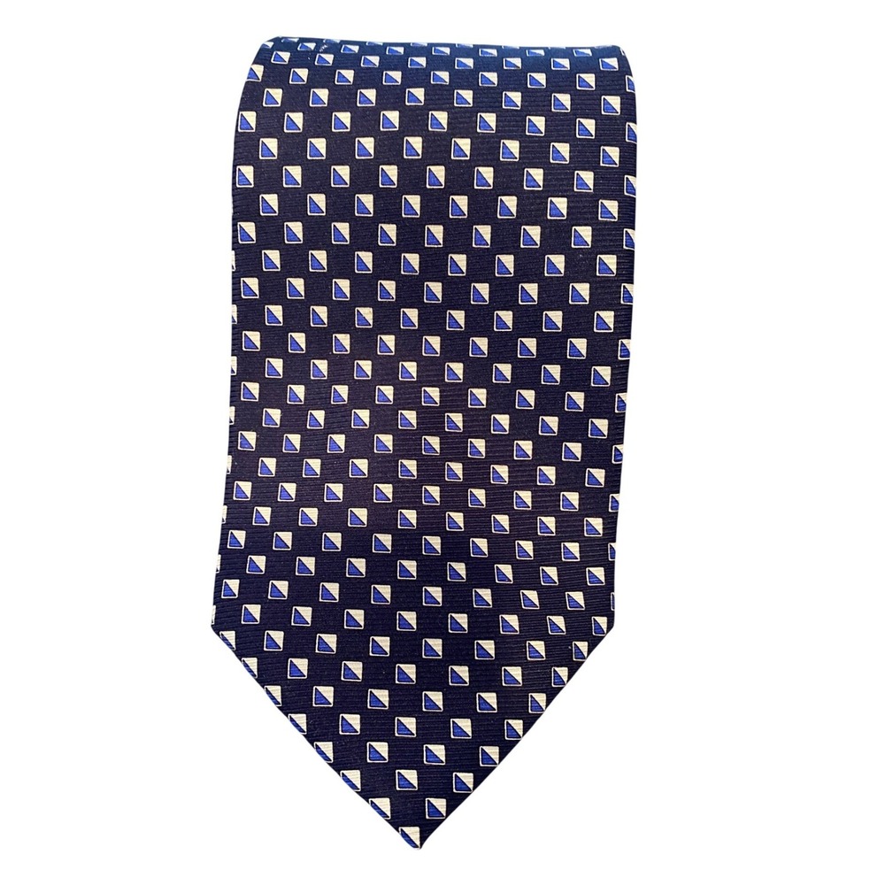 Lauren Ralph Lauren Mens‎ Silk Necktie Navy Blue Geometric Pattern Formal EUC